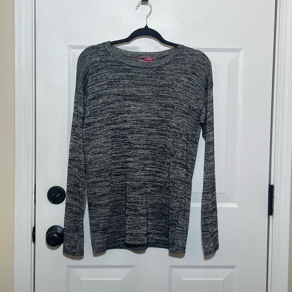 Say What? Black and Gray Long Sleeve Metallic Top